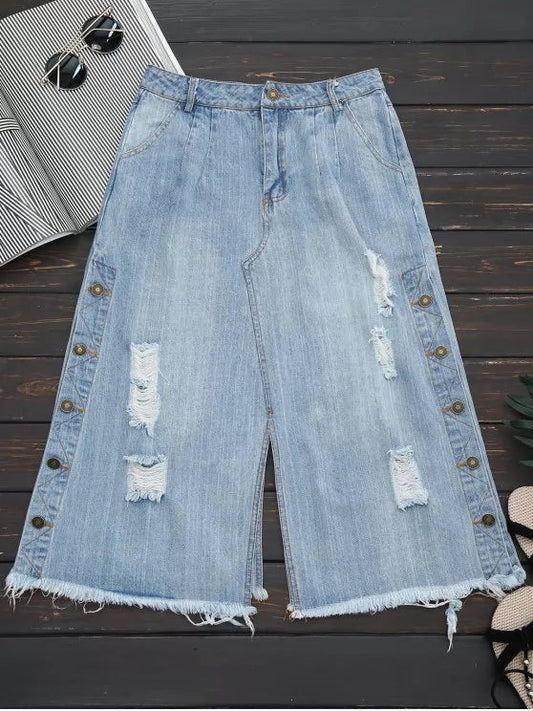 Trendy Ripped Button Up Wide Leg Capri Jeans