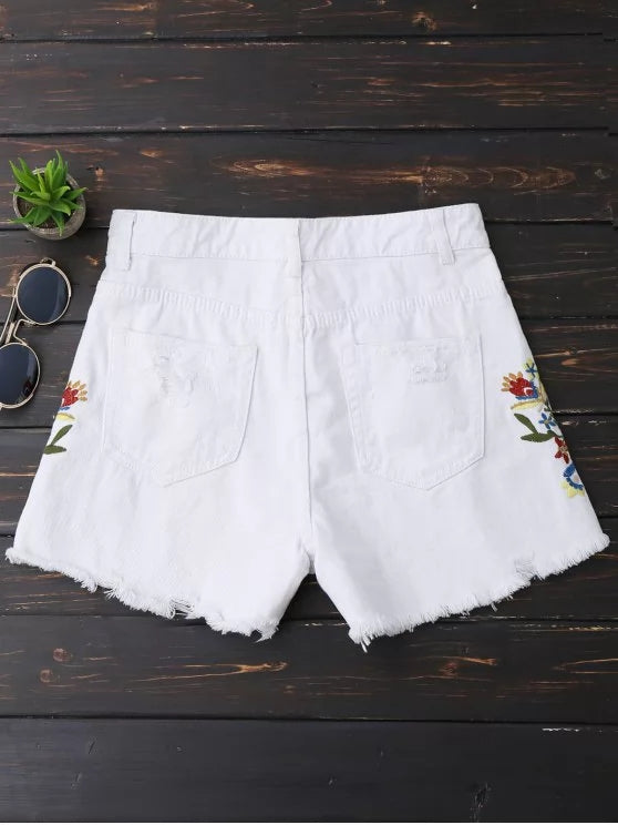 Trendy Embroidered Frayed Hem Ripped Denim Shorts