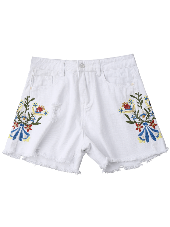 Trendy Embroidered Frayed Hem Ripped Denim Shorts