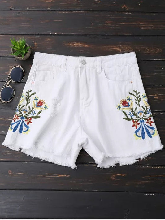 Trendy Embroidered Frayed Hem Ripped Denim Shorts