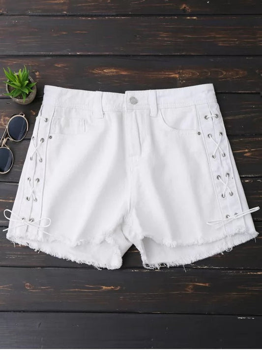 Trendy Frayed Hem Side Lace Up Denim Shorts