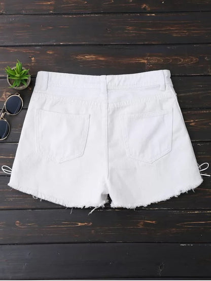 Trendy Frayed Hem Side Lace Up Denim Shorts