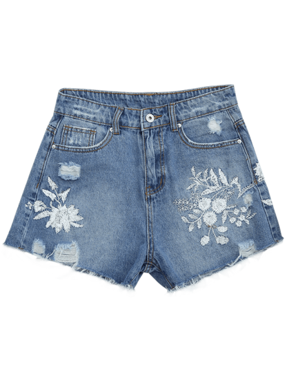 Trendy Cutoffs Ripped Floral Embroidered Denim Shorts