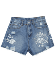 Trendy Cutoffs Ripped Floral Embroidered Denim Shorts