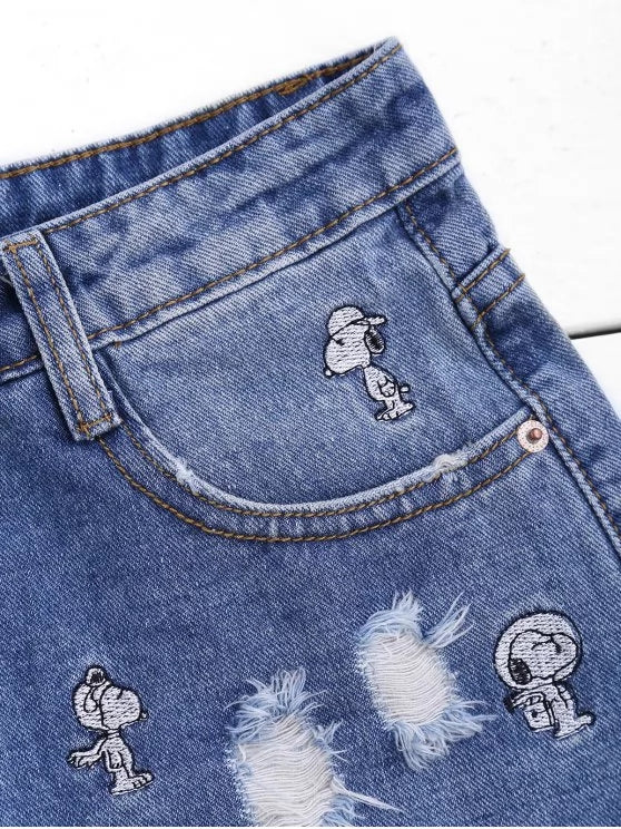 Trendy Puppy Embroidered Destroyed Denim Shorts