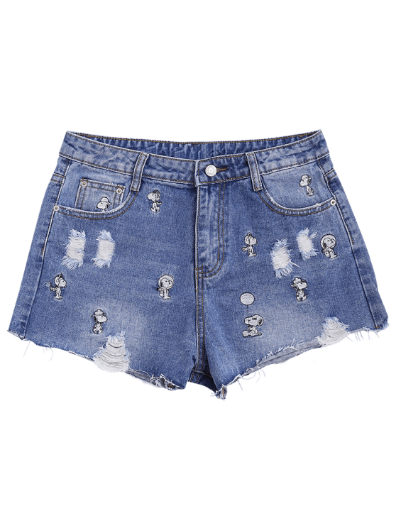 Trendy Puppy Embroidered Destroyed Denim Shorts