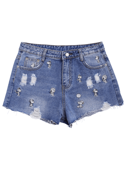 Trendy Puppy Embroidered Destroyed Denim Shorts