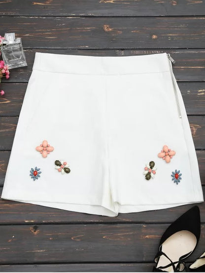 Trendy High Waisted Beading Patched Shorts