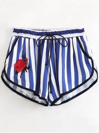 Trendy Stripes Floral Embroidered Drawstring Shorts