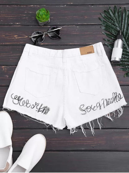 Trendy Cutoffs Tassels Beaded Embroidered Denim Shorts