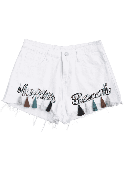 Trendy Cutoffs Tassels Beaded Embroidered Denim Shorts