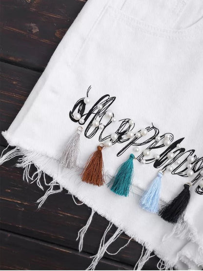 Trendy Cutoffs Tassels Beaded Embroidered Denim Shorts