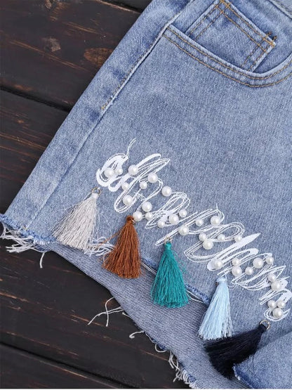 Trendy Cutoffs Tassels Beaded Embroidered Denim Shorts