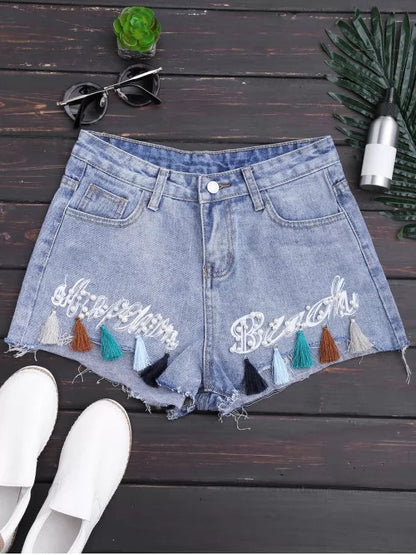 Trendy Cutoffs Tassels Beaded Embroidered Denim Shorts