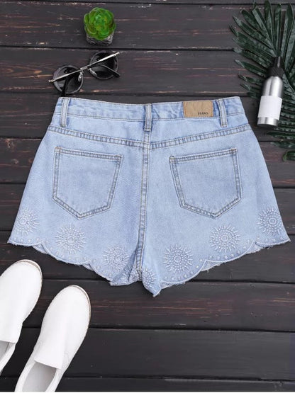 Trendy Embroidered Scalloped Denim Shorts