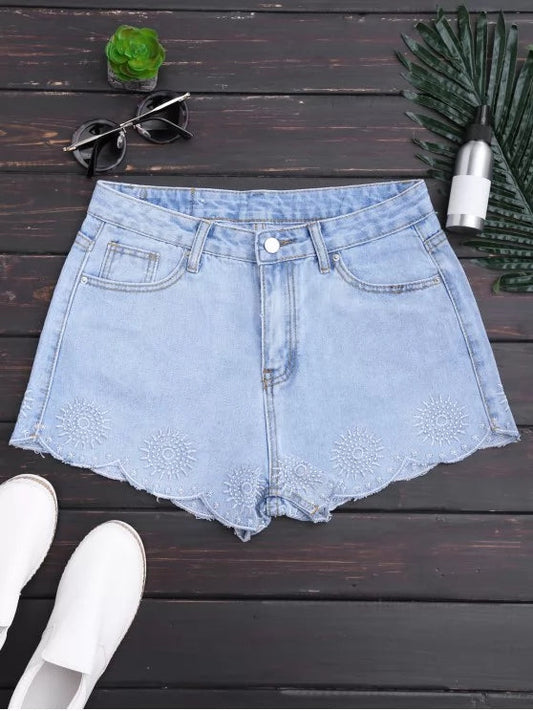 Trendy Embroidered Scalloped Denim Shorts