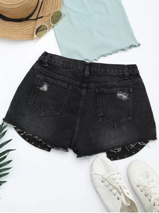 Fashion Ripped Cutoffs PU Panel Denim Shorts