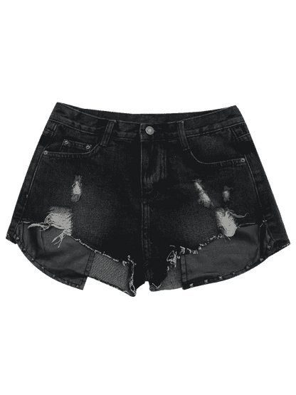 Fashion Ripped Cutoffs PU Panel Denim Shorts