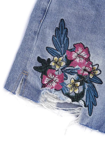 Trendy Floral Embroidered Destroyed Cutoffs Denim Shorts