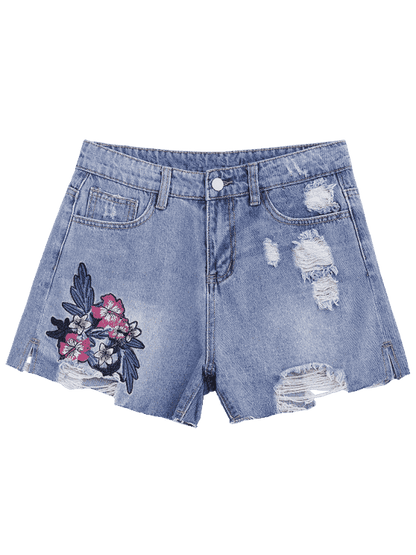 Trendy Floral Embroidered Destroyed Cutoffs Denim Shorts