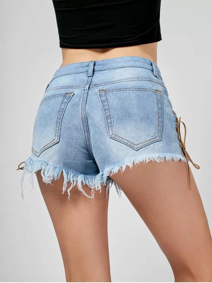 Trendy Lace Up Ripped Frayed Denim Shorts