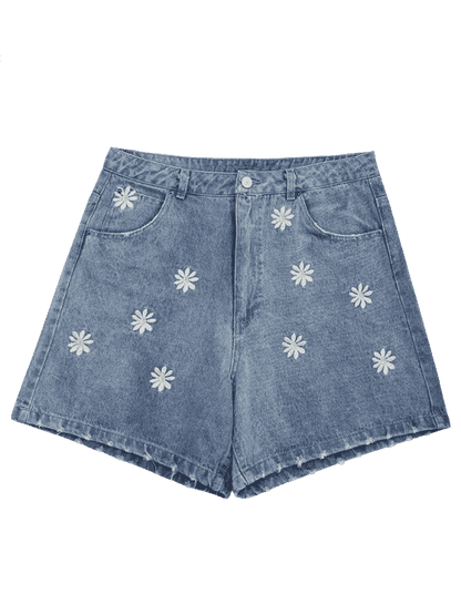 Trendy Ripped Daisy Embroidered Denim Shorts