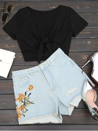 Trendy Destroyed Cutoffs Floral Embroidered Denim Shorts