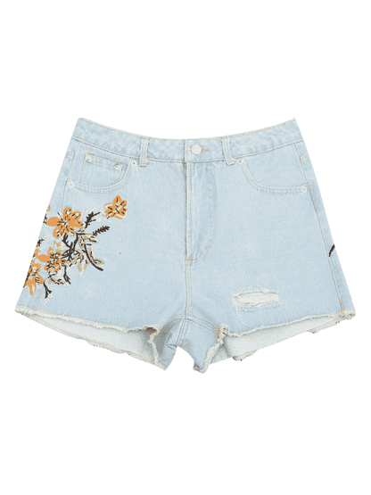 Trendy Destroyed Cutoffs Floral Embroidered Denim Shorts