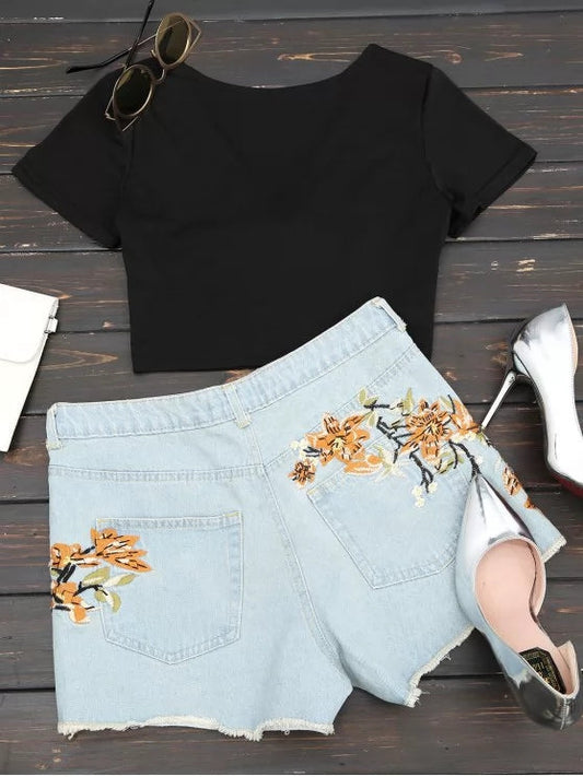 Trendy Destroyed Cutoffs Floral Embroidered Denim Shorts