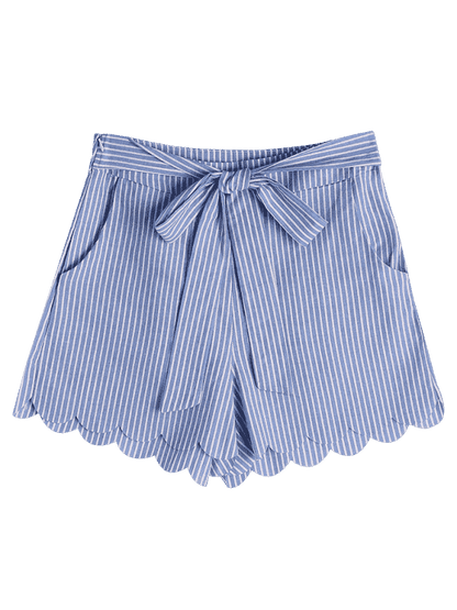 Fashion Scalloped Hem Bowknot Striped Shorts