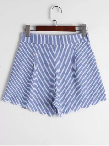 Fashion Scalloped Hem Bowknot Striped Shorts