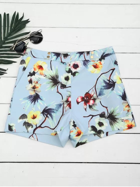 Fashion High Waisted Floral Shorts with Buttons