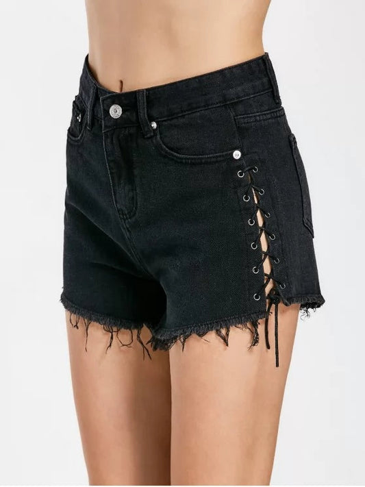 Trendy Frayed Hem Lace Up Denim Shorts