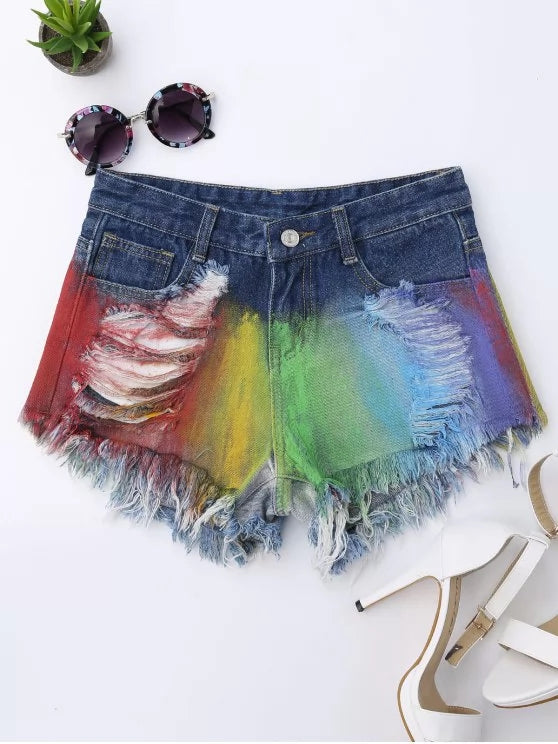 Trendy Spray Painting Ripped Frayed Hem Denim Shorts