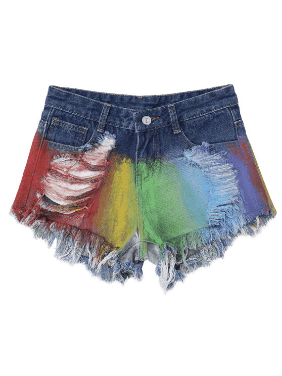 Trendy Spray Painting Ripped Frayed Hem Denim Shorts