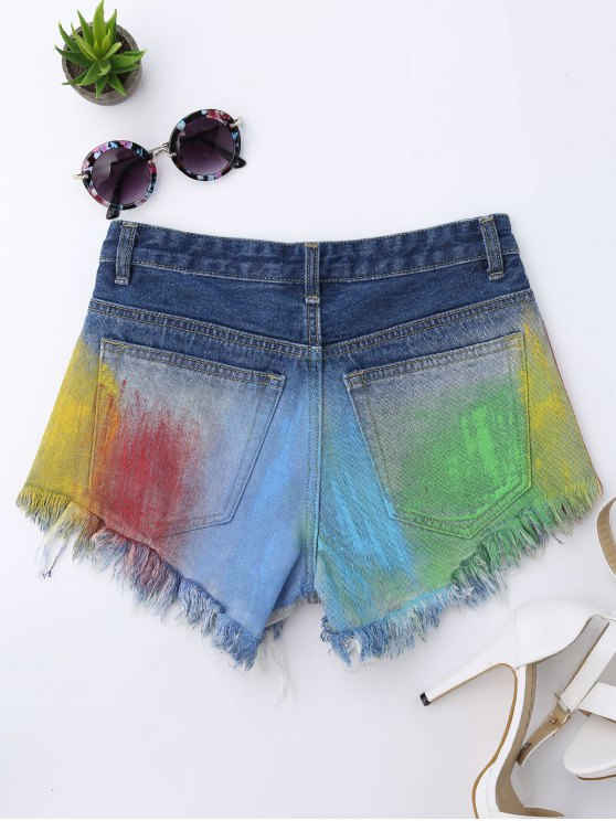 Trendy Spray Painting Ripped Frayed Hem Denim Shorts