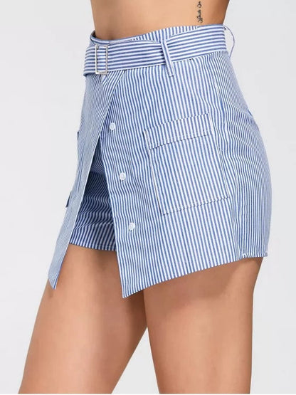 Trendy Belted Striped Skorts with Pockets