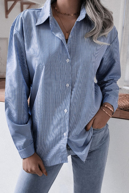 Fashion Casual Striped Solid Turndown Collar Tops