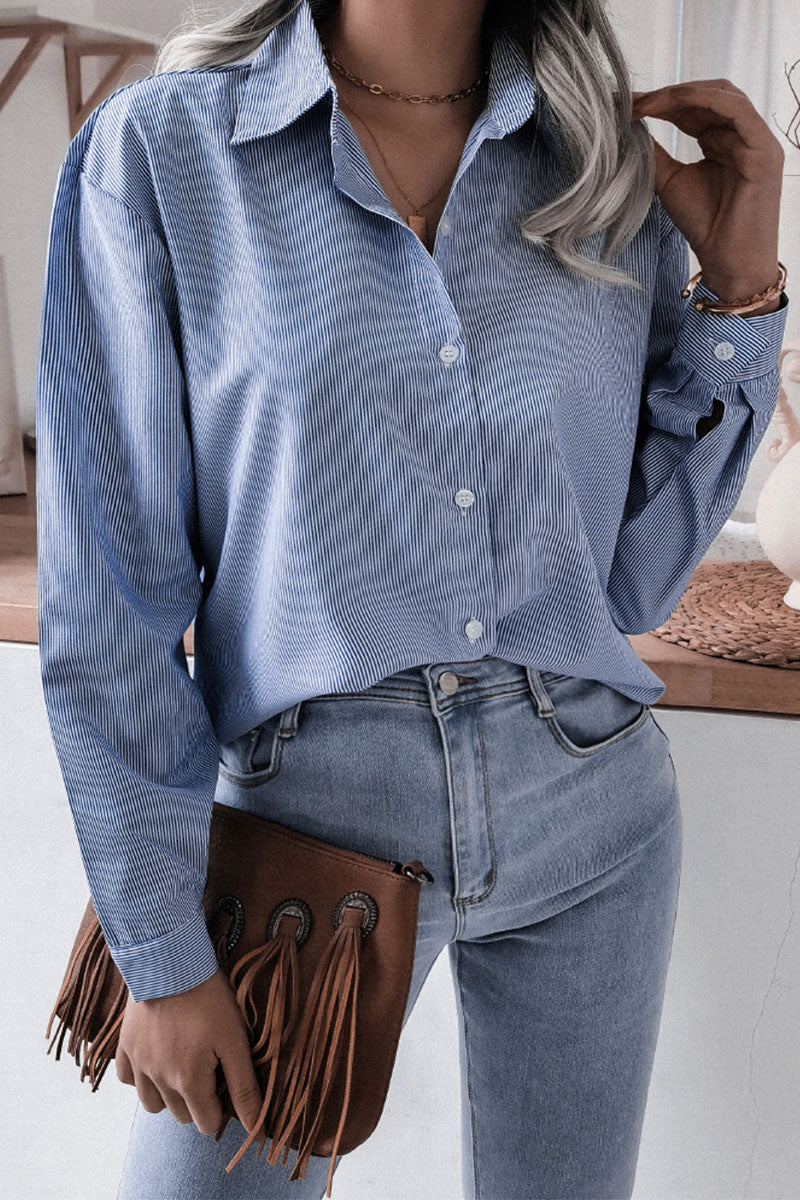 Fashion Casual Striped Solid Turndown Collar Tops