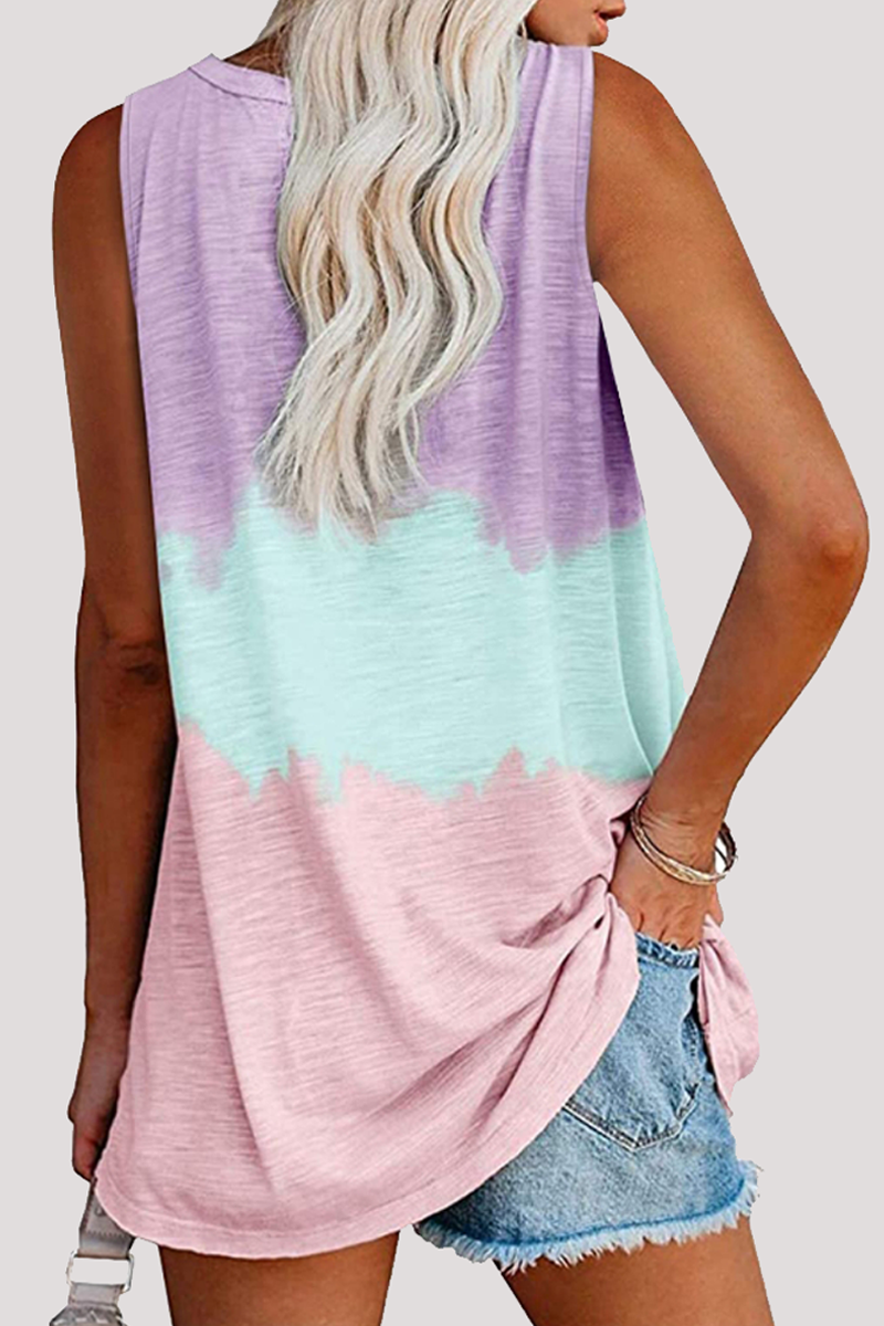 Casual Patchwork Tie Dye Pocket V Neck T-Shirts