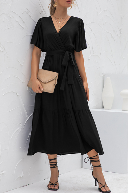 Elegant Solid Patchwork With Belt V Neck Cake Skirt Dresses