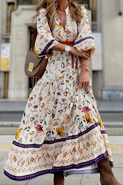 Fashion Street Print Patchwork V Neck A Line Dresses