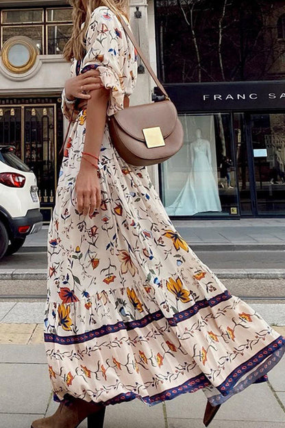 Fashion Street Print Patchwork V Neck A Line Dresses