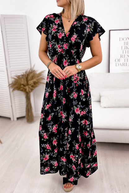 Fashion Elegant Floral Split Joint Flounce V Neck A Line Dresses