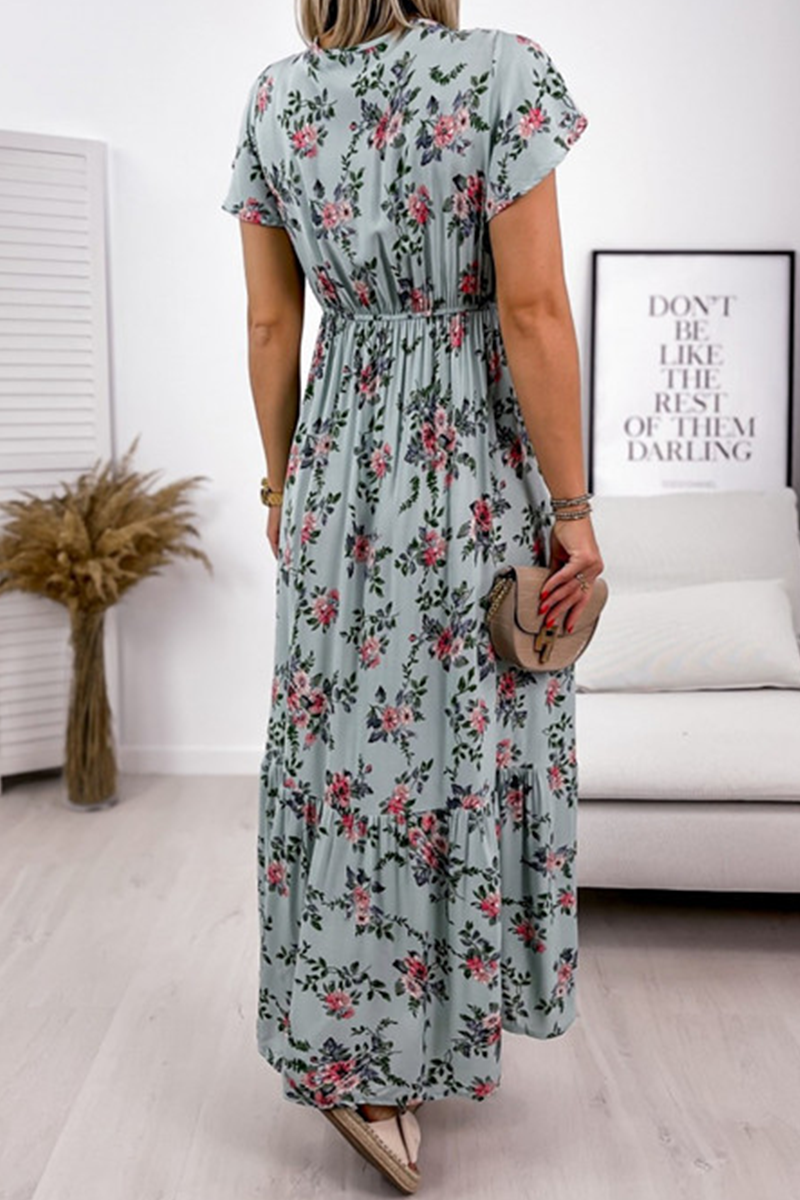 Fashion Elegant Floral Split Joint Flounce V Neck A Line Dresses