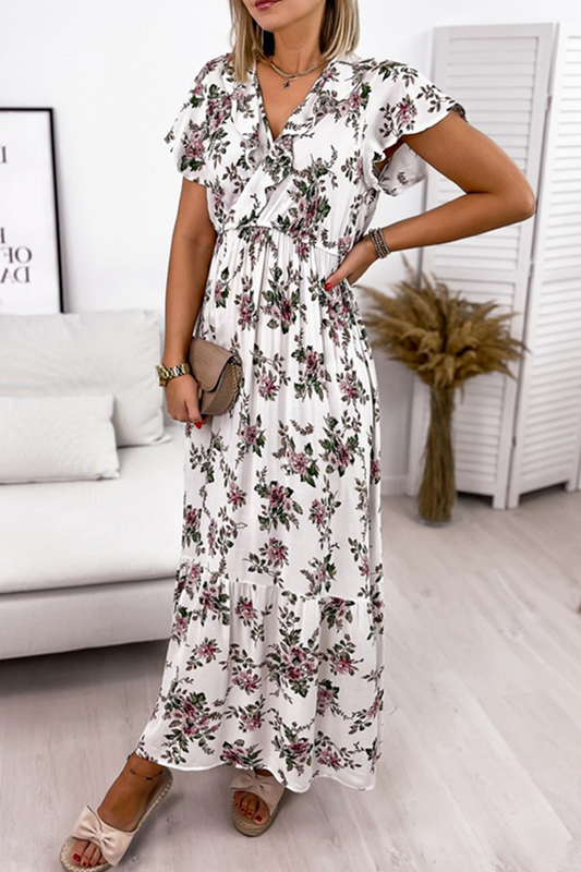 Fashion Elegant Floral Split Joint Flounce V Neck A Line Dresses