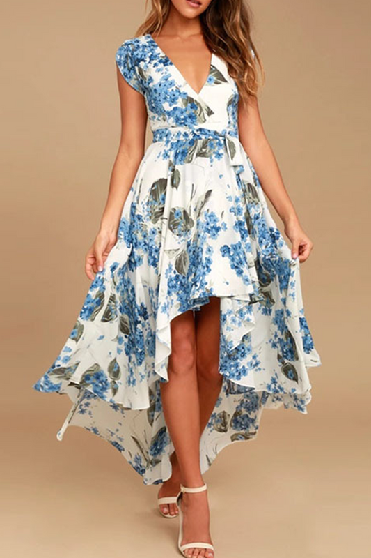 Elegant Floral Frenulum With Belt Irregular Dress Dresses(3 colors)