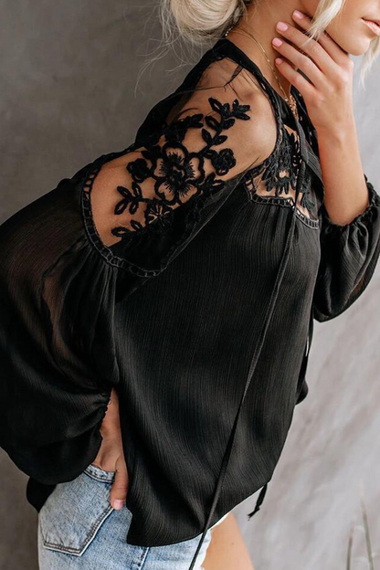 Fashion Elegant Solid Lace Frenulum See-through V Neck Tops