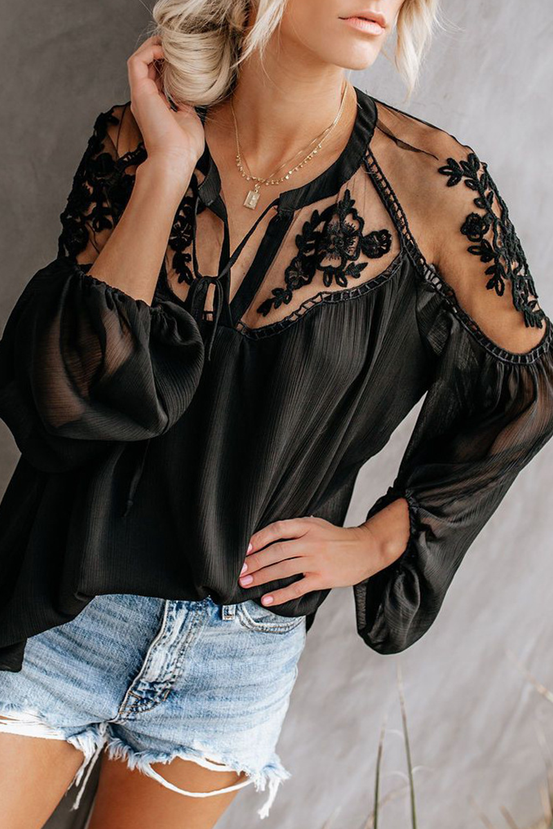 Fashion Elegant Solid Lace Frenulum See-through V Neck Tops