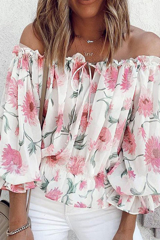 Fashion Sweet Print Split Joint Off the Shoulder Tops